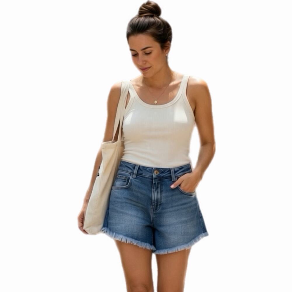 Tripe Women's Cut Off Jean Shorts 42/11 High Rise Medium Wash Denim Frayed Hem